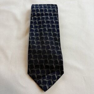 Drake's Hand Made Tie Fine English Silks Navy Blue Grey Geometric 58" Long EUC